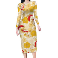 Beige Palaka Hawaii Aloha Long Sleeve Bodycon Dress Koi Pond Mix Ilima Flowers LT7 Long Dress Cream Yellow - Polynesian Pride