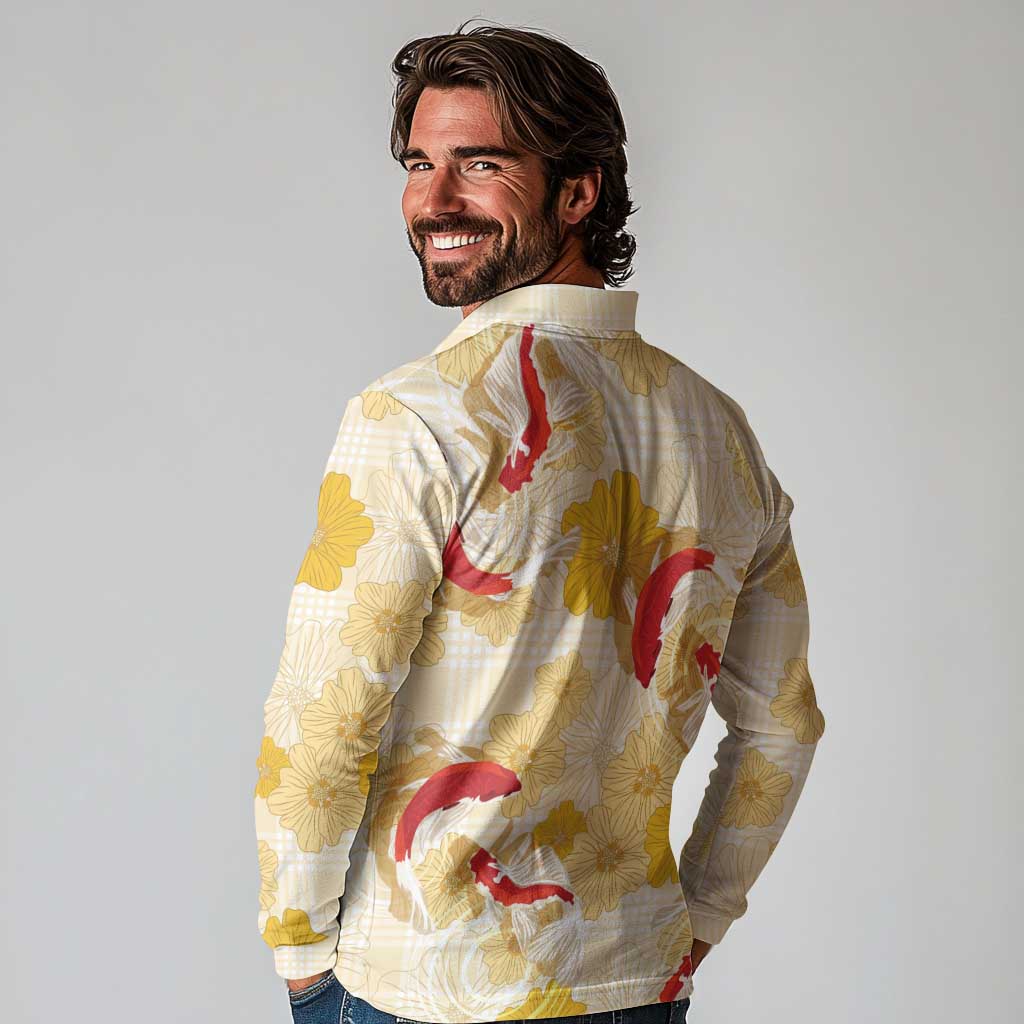 Beige Palaka Hawaii Aloha Long Sleeve Polo Shirt Koi Pond Mix Ilima Flowers - Polynesian Pride