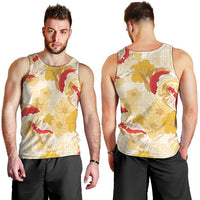 Beige Palaka Hawaii Aloha Men Tank Top Koi Pond Mix Ilima Flowers - Polynesian Pride