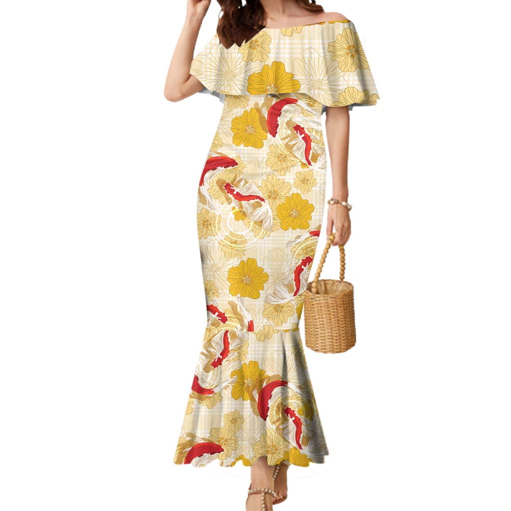 Beige Palaka Hawaii Aloha Mermaid Dress Koi Pond Mix Ilima Flowers - Polynesian Pride