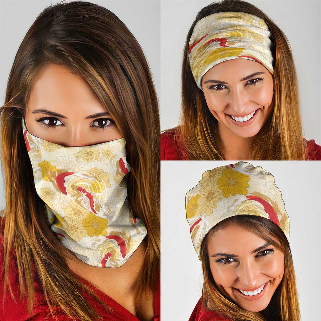 Beige Palaka Hawaii Aloha Neck Gaiter Koi Pond Mix Ilima Flowers - Polynesian Pride