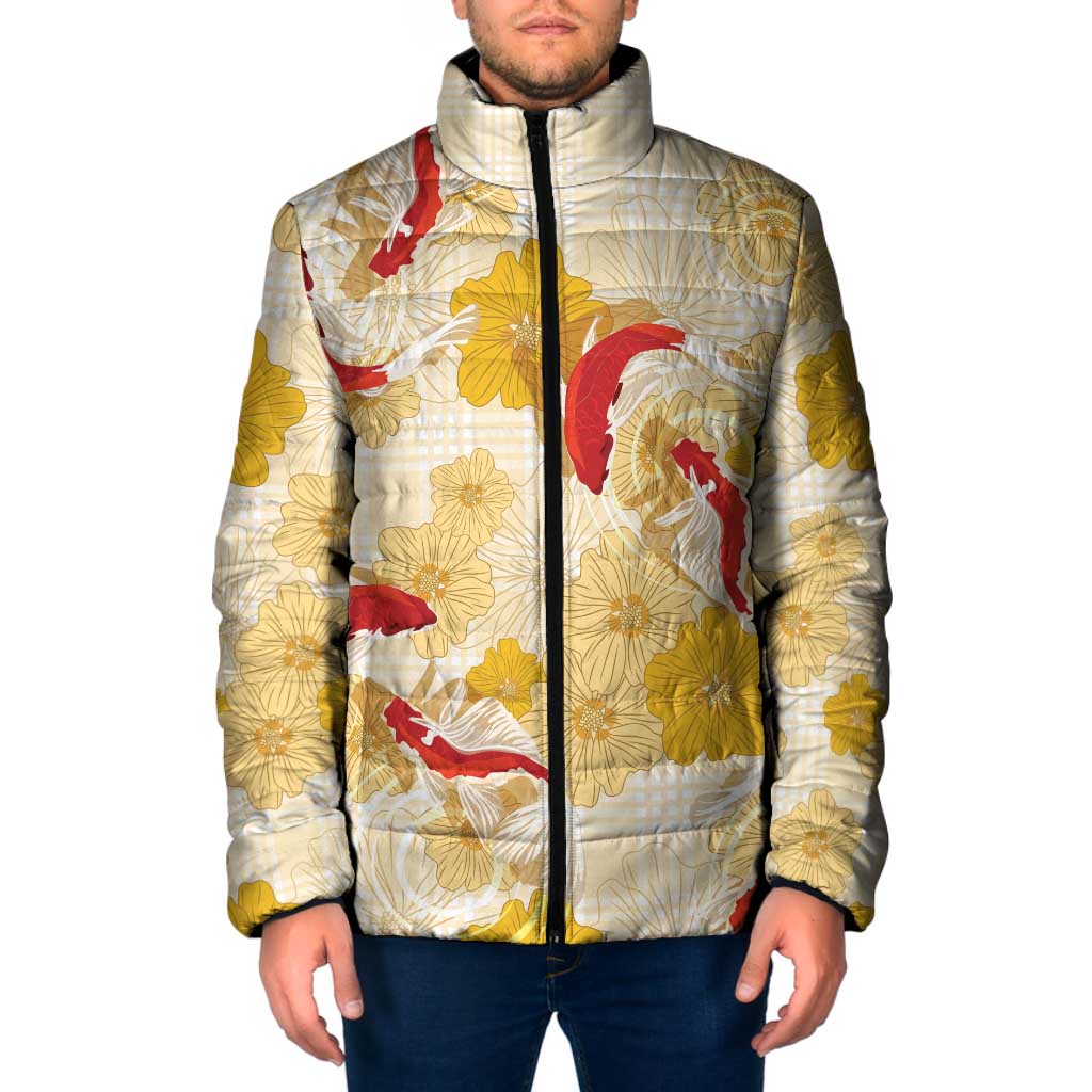 Beige Palaka Hawaii Aloha Padded Jacket Koi Pond Mix Ilima Flowers LT7 Men Cream Yellow - Polynesian Pride