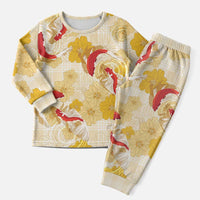 Beige Palaka Hawaii Aloha Christmas Pajama Set Koi Pond Mix Ilima Flowers LT7 Men Cream Yellow - Polynesian Pride