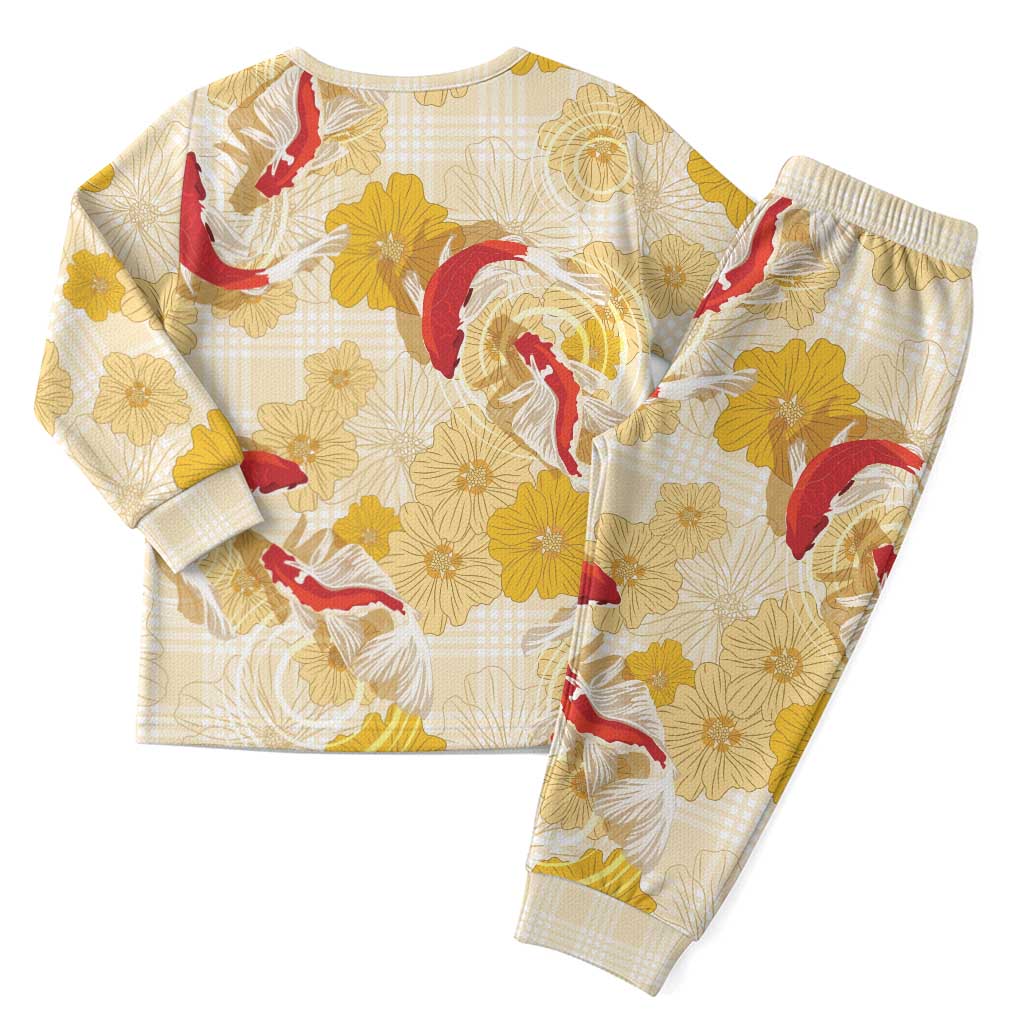 Beige Palaka Hawaii Aloha Christmas Pajama Set Koi Pond Mix Ilima Flowers LT7 - Polynesian Pride
