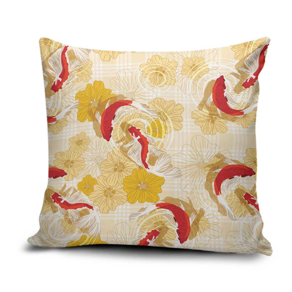 Beige Palaka Hawaii Aloha Pillow Cover Koi Pond Mix Ilima Flowers LT7 Cream Yellow - Polynesian Pride