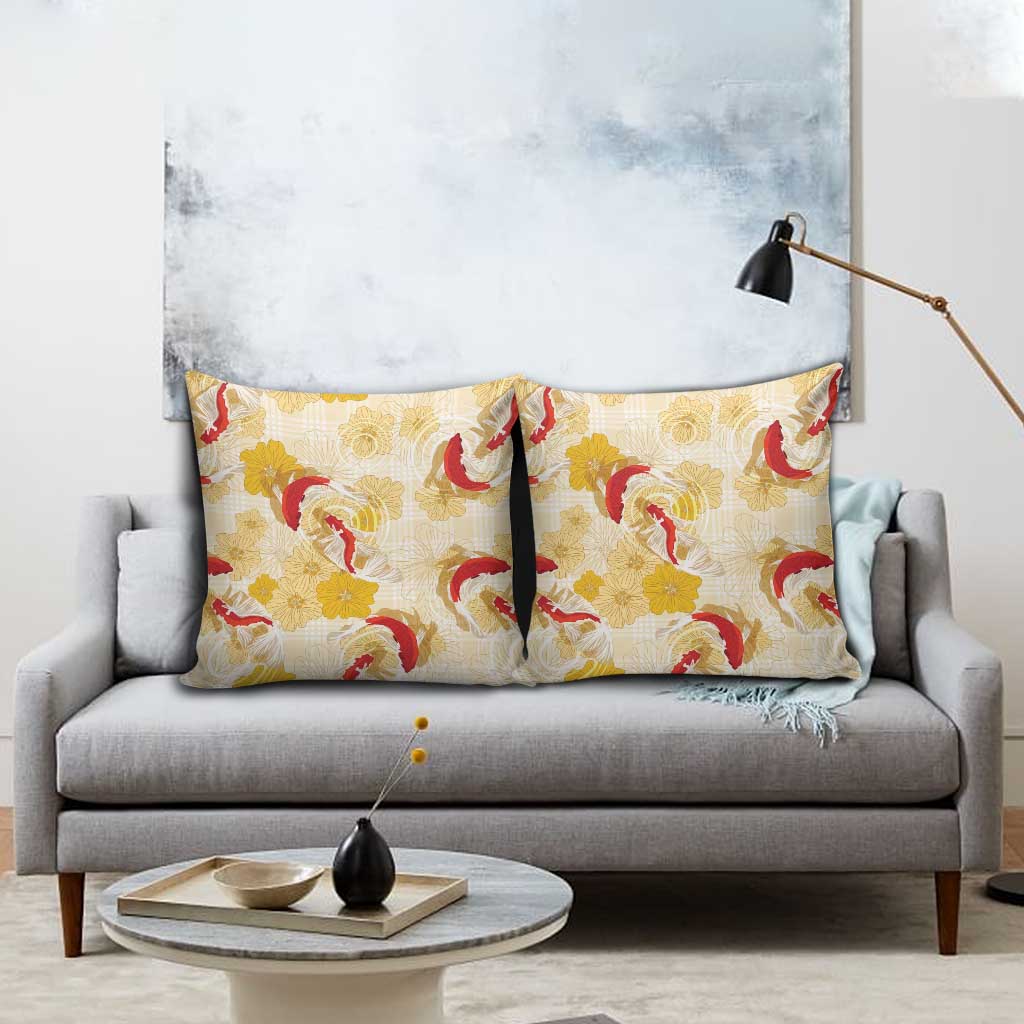 Beige Palaka Hawaii Aloha Pillow Cover Koi Pond Mix Ilima Flowers LT7 - Polynesian Pride