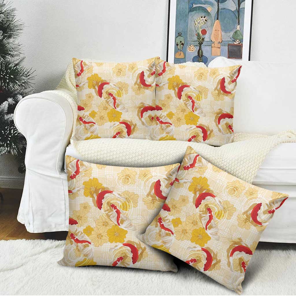 Beige Palaka Hawaii Aloha Pillow Cover Koi Pond Mix Ilima Flowers LT7 - Polynesian Pride