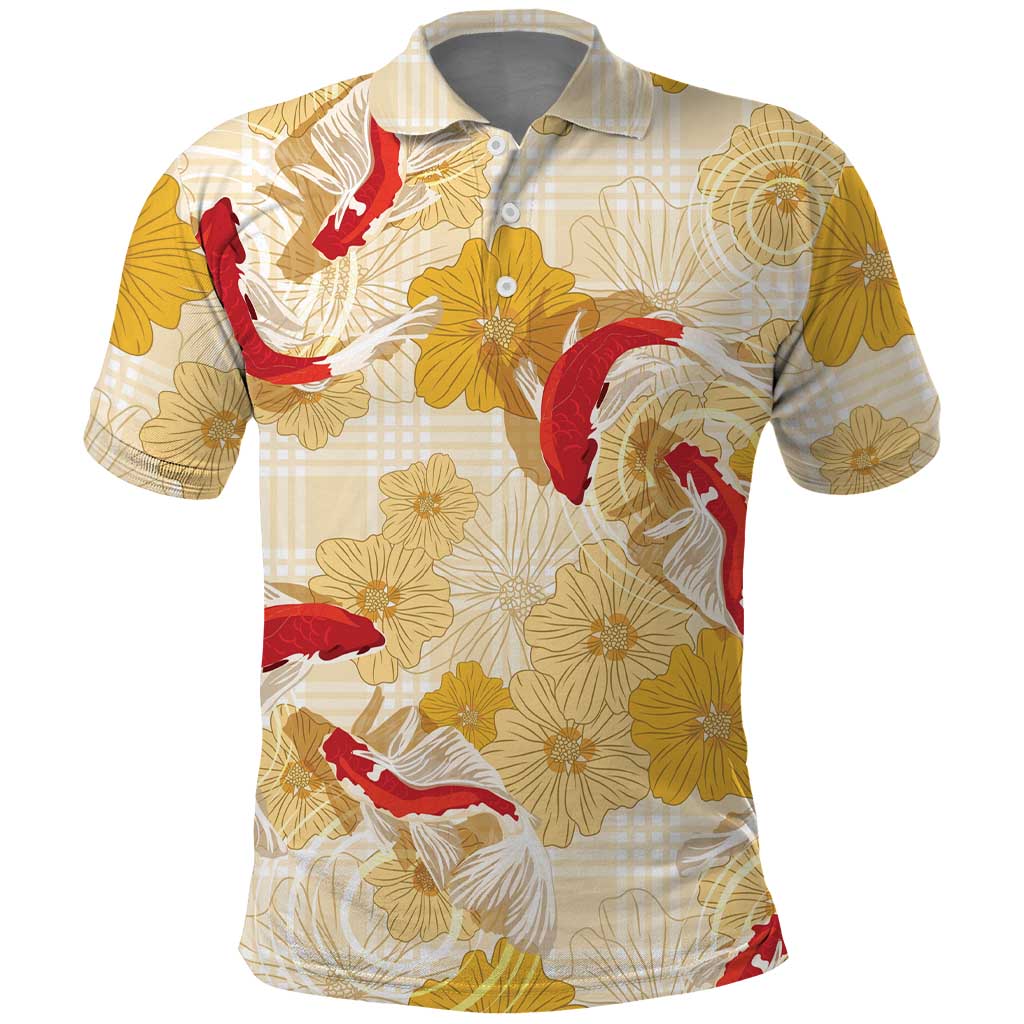 Beige Palaka Hawaii Aloha Polo Shirt Koi Pond Mix Ilima Flowers - Polynesian Pride