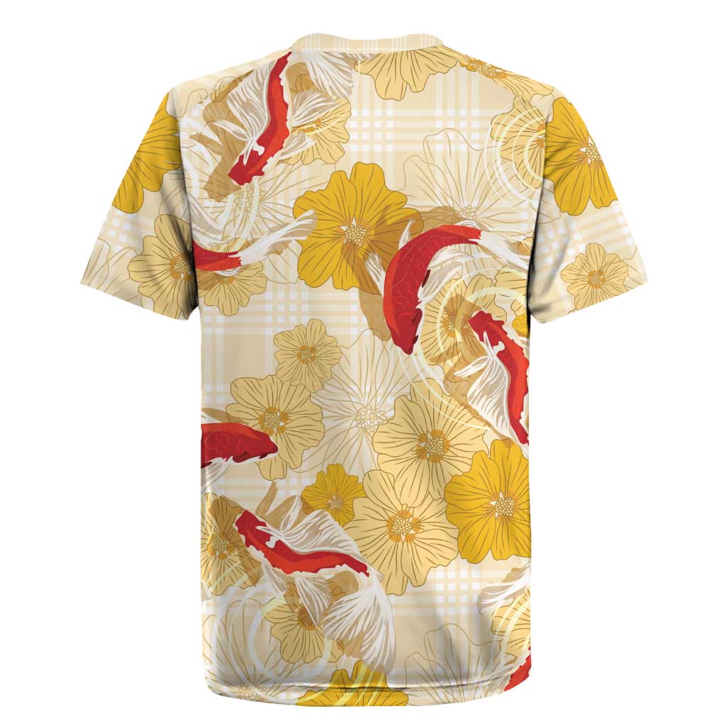 Beige Palaka Hawaii Aloha Rugby Jersey Koi Pond Mix Ilima Flowers - Polynesian Pride