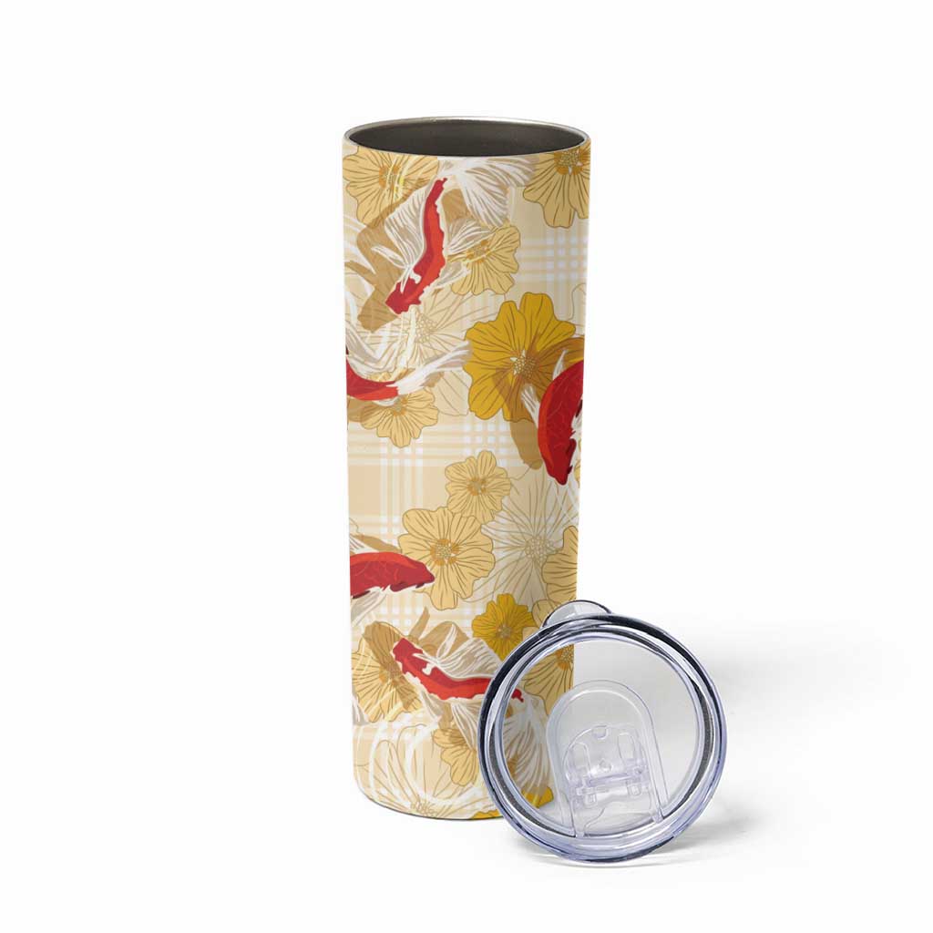 Beige Palaka Hawaii Aloha Skinny Tumbler Koi Pond Mix Ilima Flowers - Polynesian Pride