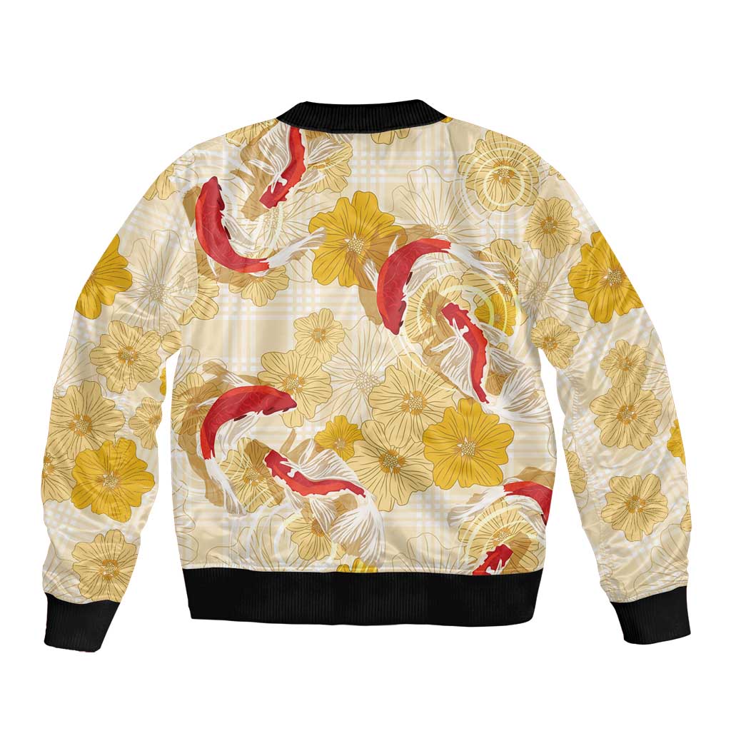 Beige Palaka Hawaii Aloha Sleeve Zip Bomber Jacket Koi Pond Mix Ilima Flowers - Polynesian Pride