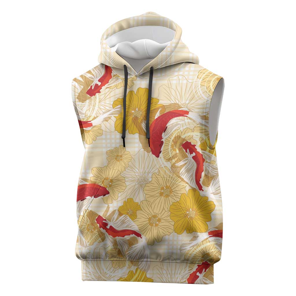 Beige Palaka Hawaii Aloha Sleeveless Hoodie Koi Pond Mix Ilima Flowers - Polynesian Pride
