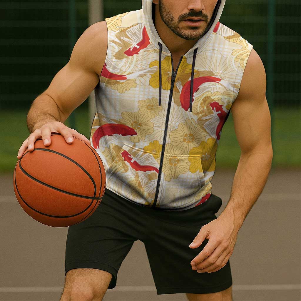 Beige Palaka Hawaii Aloha Sleeveless Zip Hoodie Koi Pond Mix Ilima Flowers - Polynesian Pride
