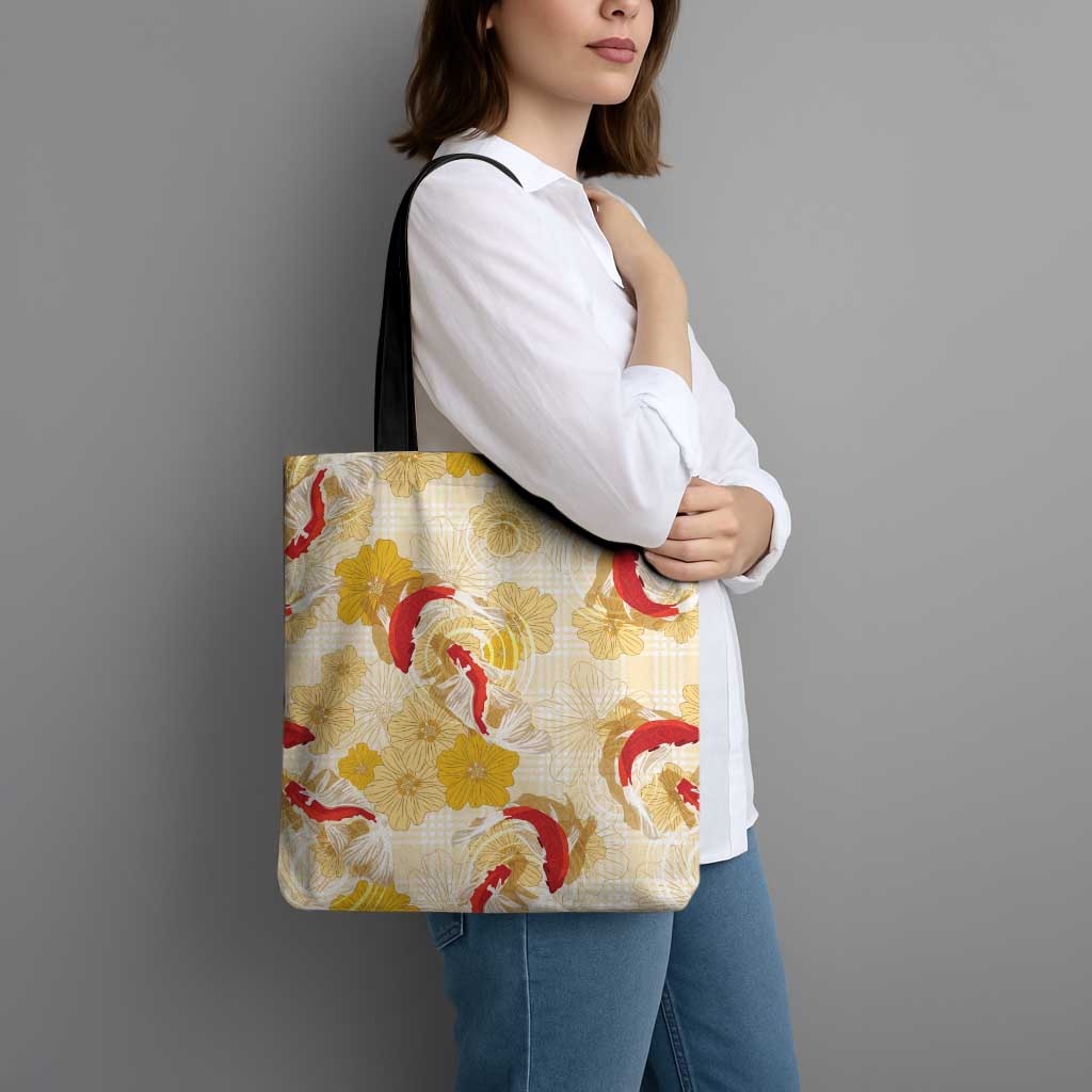 Beige Palaka Hawaii Aloha Tote Bag Koi Pond Mix Ilima Flowers - Polynesian Pride