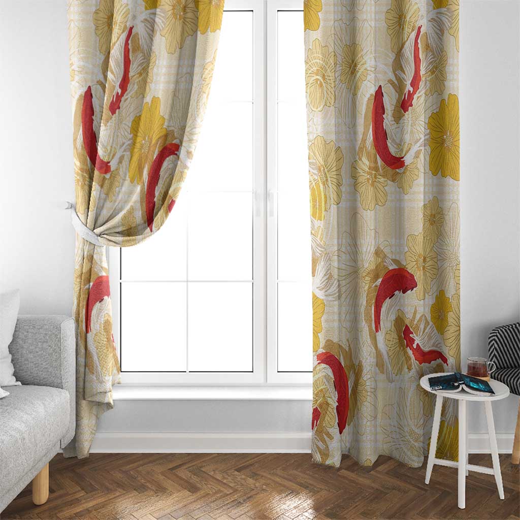 Beige Palaka Hawaii Aloha Window Curtain Koi Pond Mix Ilima Flowers - Polynesian Pride