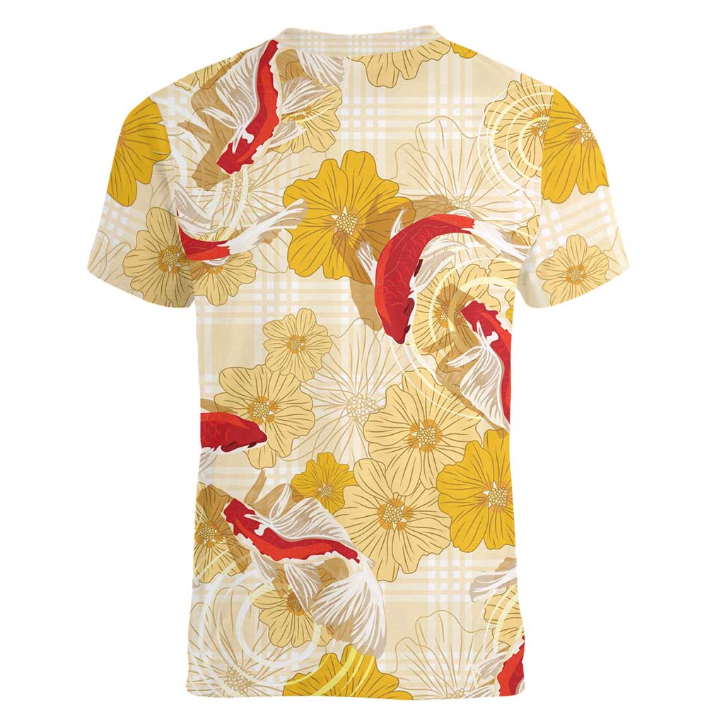 Beige Palaka Hawaii Aloha Women V-Neck T-Shirt Koi Pond Mix Ilima Flowers - Polynesian Pride