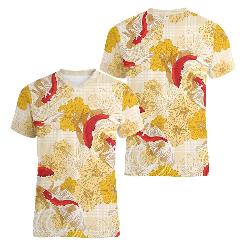Beige Palaka Hawaii Aloha Women V-Neck T-Shirt Koi Pond Mix Ilima Flowers - Polynesian Pride