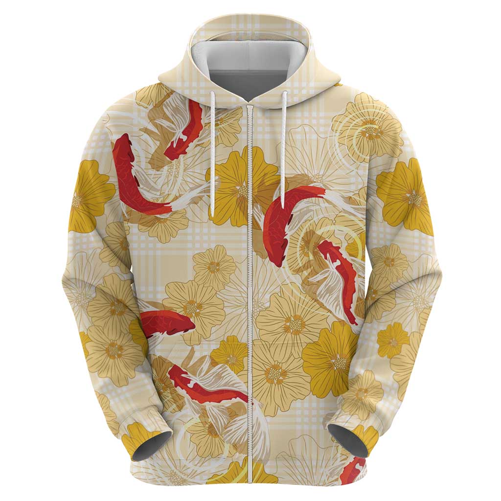Beige Palaka Hawaii Aloha Zip Hoodie Koi Pond Mix Ilima Flowers - Polynesian Pride