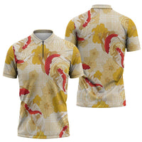 Beige Palaka Hawaii Aloha Zipper Polo Shirt Koi Pond Mix Ilima Flowers - Polynesian Pride