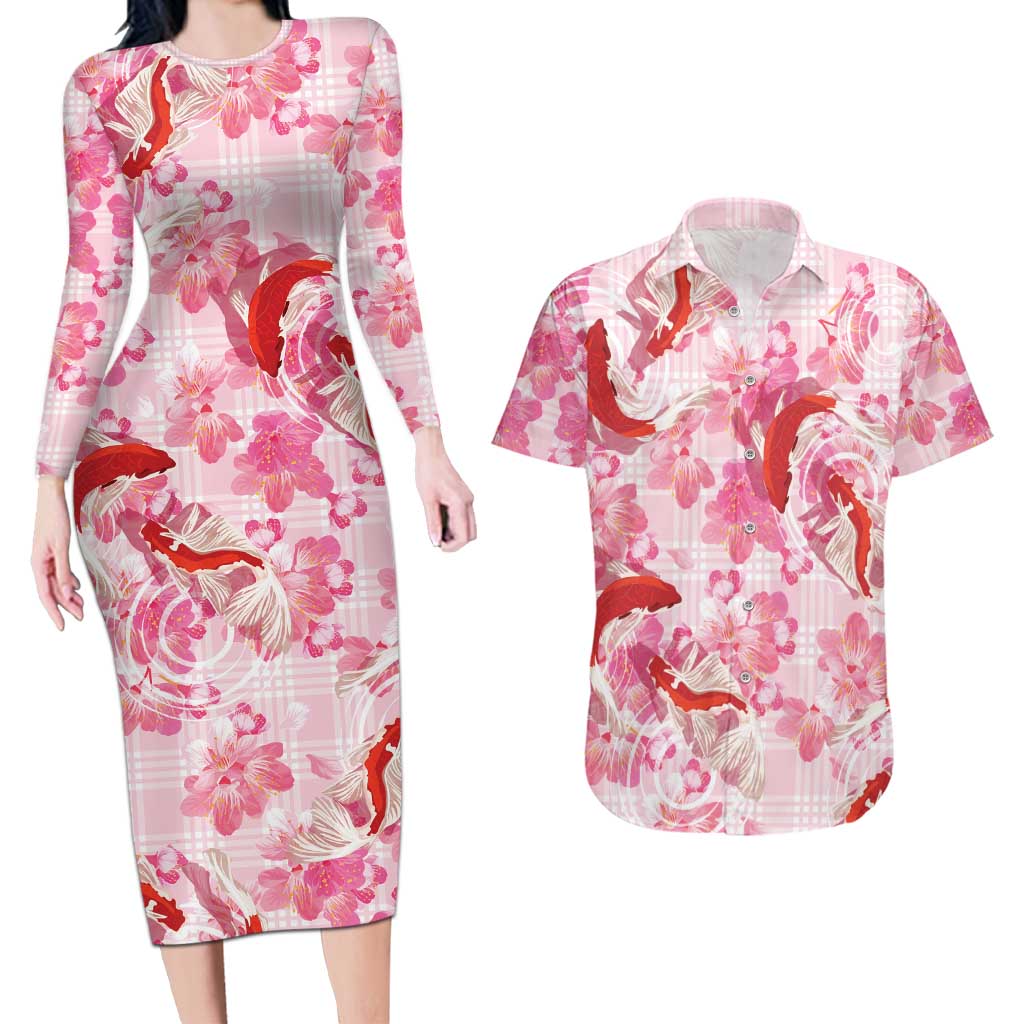 Pink Palaka Hawaii Aloha Couples Matching Long Sleeve Bodycon Dress and Hawaiian Shirt Koi Pond Mix Sakura - Polynesian Pride