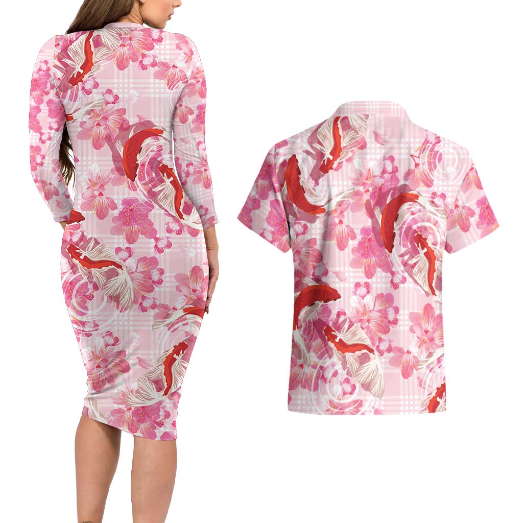 Pink Palaka Hawaii Aloha Couples Matching Long Sleeve Bodycon Dress and Hawaiian Shirt Koi Pond Mix Sakura - Polynesian Pride