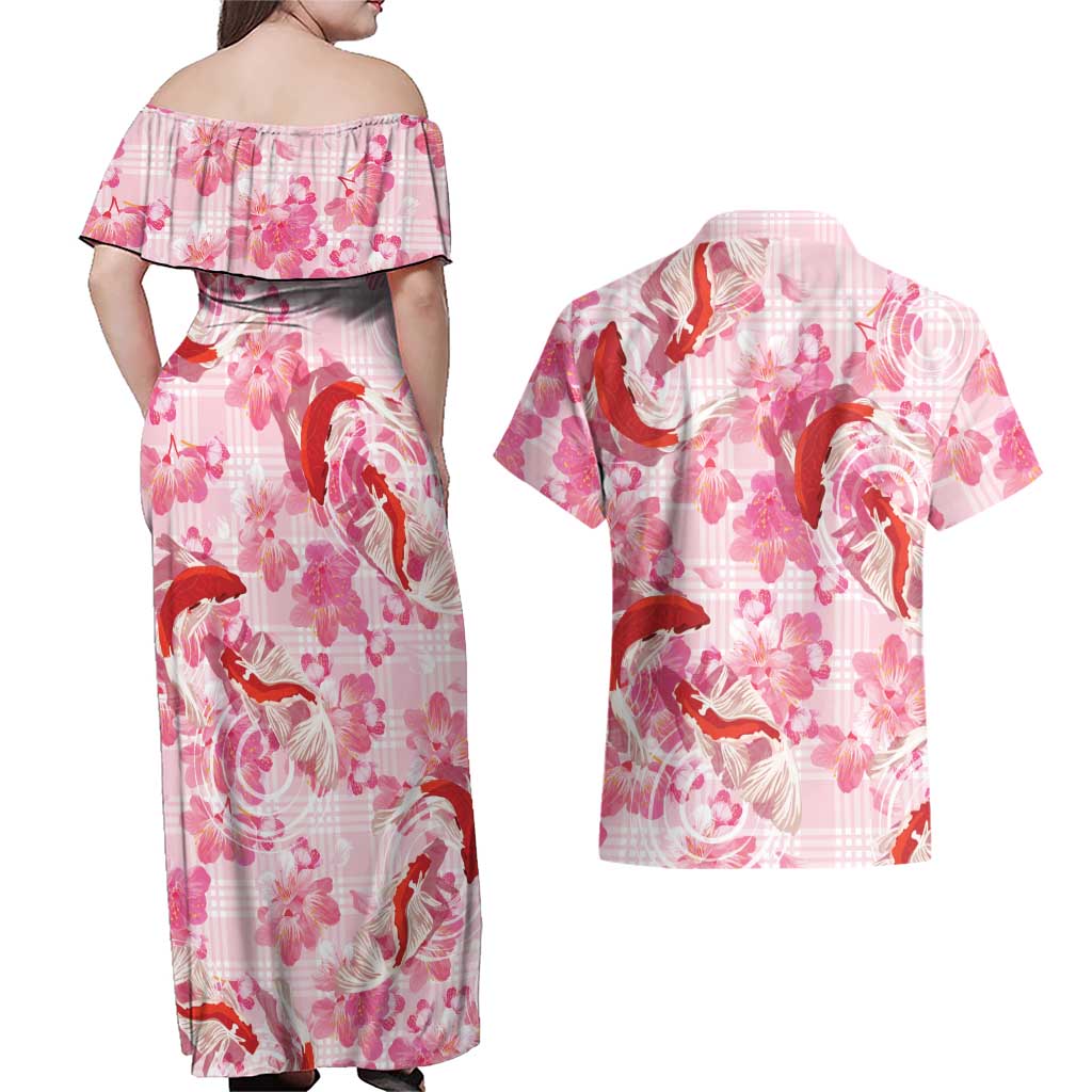Pink Palaka Hawaii Aloha Couples Matching Off Shoulder Maxi Dress and Hawaiian Shirt Koi Pond Mix Sakura - Polynesian Pride