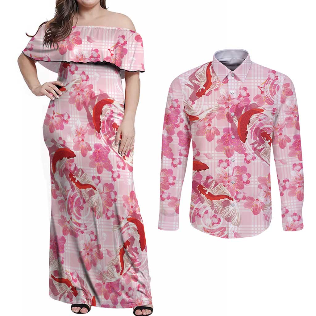 Pink Palaka Hawaii Aloha Couples Matching Off Shoulder Maxi Dress and Long Sleeve Button Shirt Koi Pond Mix Sakura LT7 Pink - Polynesian Pride