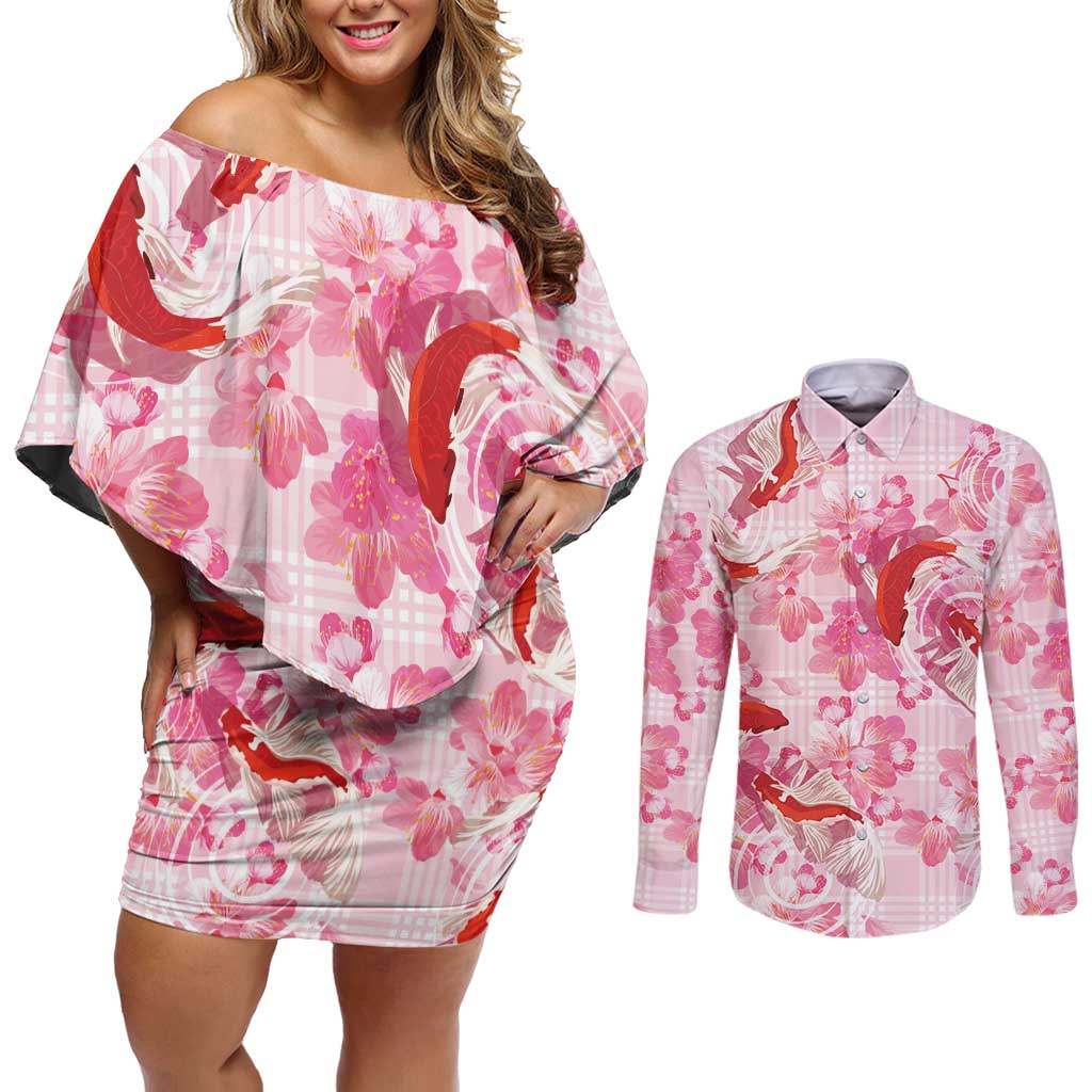 Pink Palaka Hawaii Aloha Couples Matching Off Shoulder Short Dress and Long Sleeve Button Shirt Koi Pond Mix Sakura LT7 Pink - Polynesian Pride