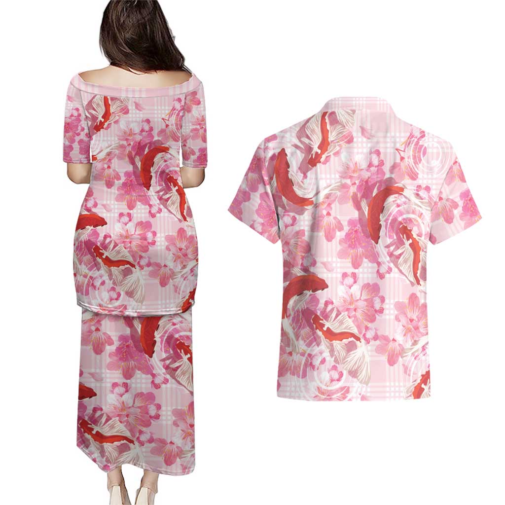 Pink Palaka Hawaii Aloha Couples Matching Puletasi and Hawaiian Shirt Koi Pond Mix Sakura - Polynesian Pride