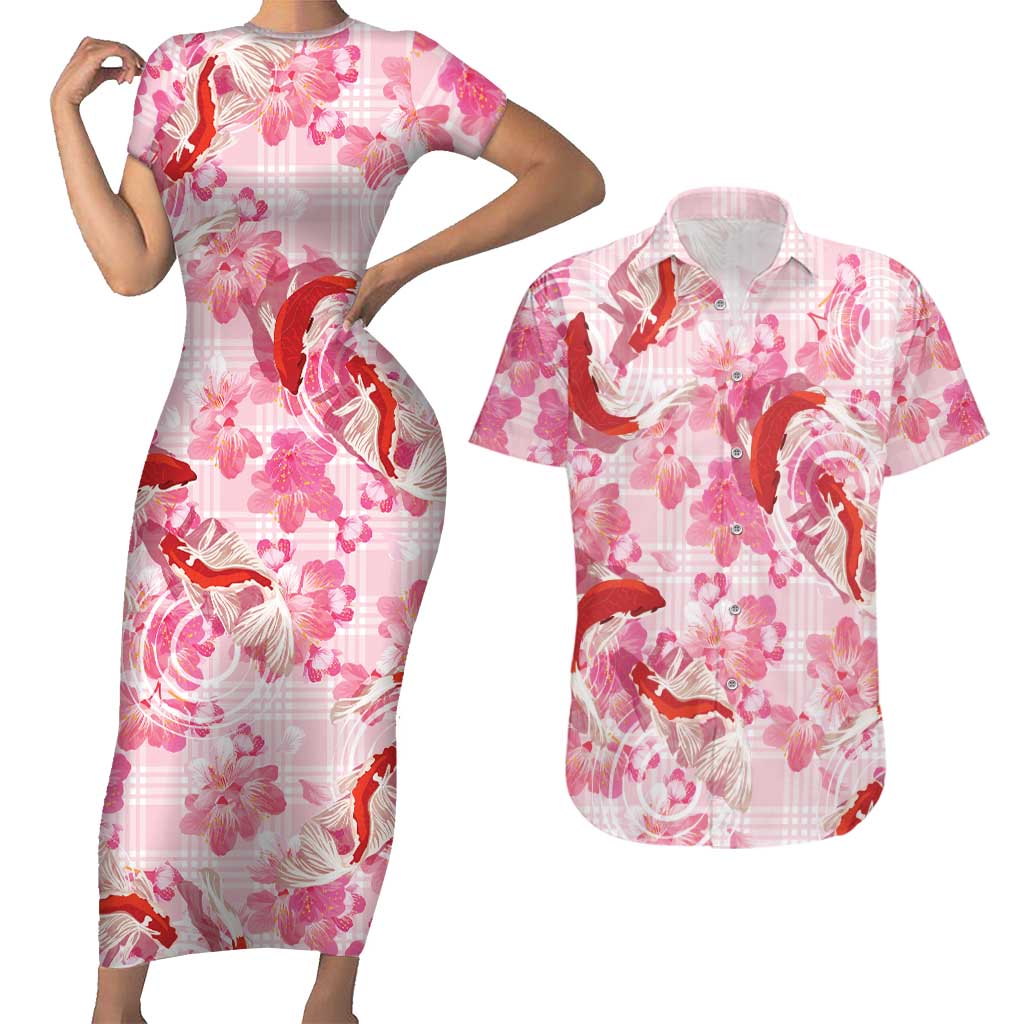 Pink Palaka Hawaii Aloha Couples Matching Short Sleeve Bodycon Dress and Hawaiian Shirt Koi Pond Mix Sakura - Polynesian Pride