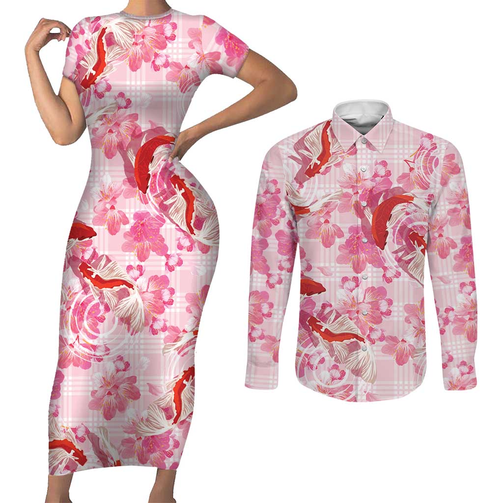 Pink Palaka Hawaii Aloha Couples Matching Short Sleeve Bodycon Dress and Long Sleeve Button Shirt Koi Pond Mix Sakura - Polynesian Pride