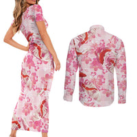 Pink Palaka Hawaii Aloha Couples Matching Short Sleeve Bodycon Dress and Long Sleeve Button Shirt Koi Pond Mix Sakura - Polynesian Pride