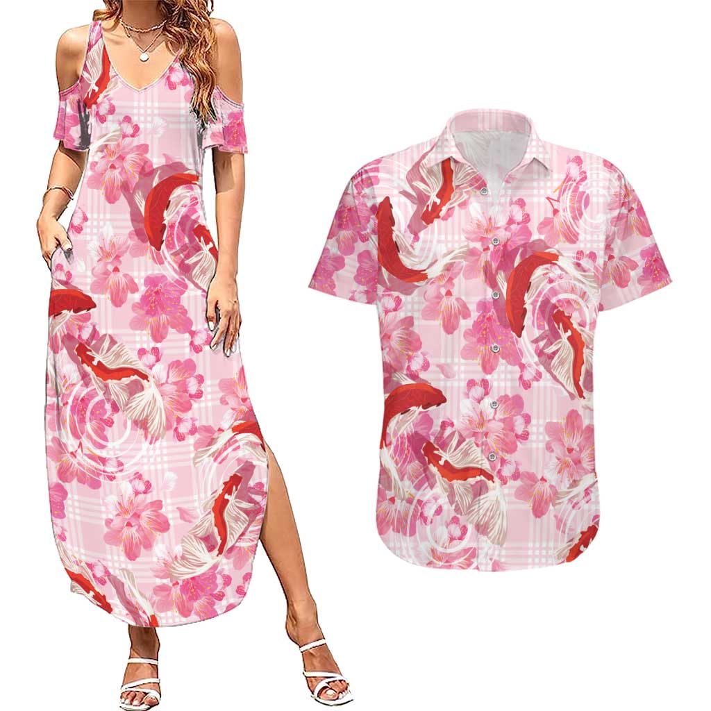 Pink Palaka Hawaii Aloha Couples Matching Summer Maxi Dress and Hawaiian Shirt Koi Pond Mix Sakura - Polynesian Pride