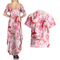 Pink Palaka Hawaii Aloha Couples Matching Summer Maxi Dress and Hawaiian Shirt Koi Pond Mix Sakura - Polynesian Pride