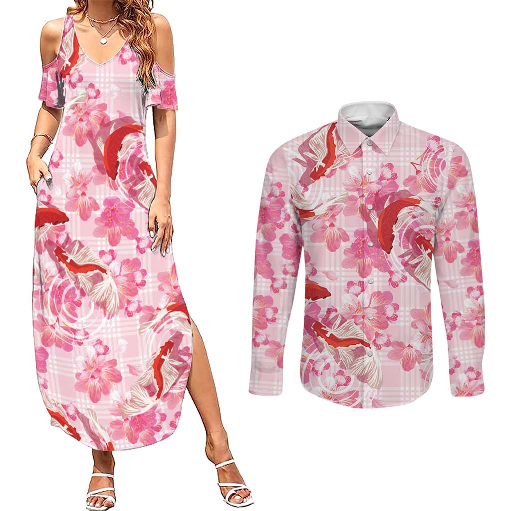 Pink Palaka Hawaii Aloha Couples Matching Summer Maxi Dress and Long Sleeve Button Shirt Koi Pond Mix Sakura LT7 Pink - Polynesian Pride