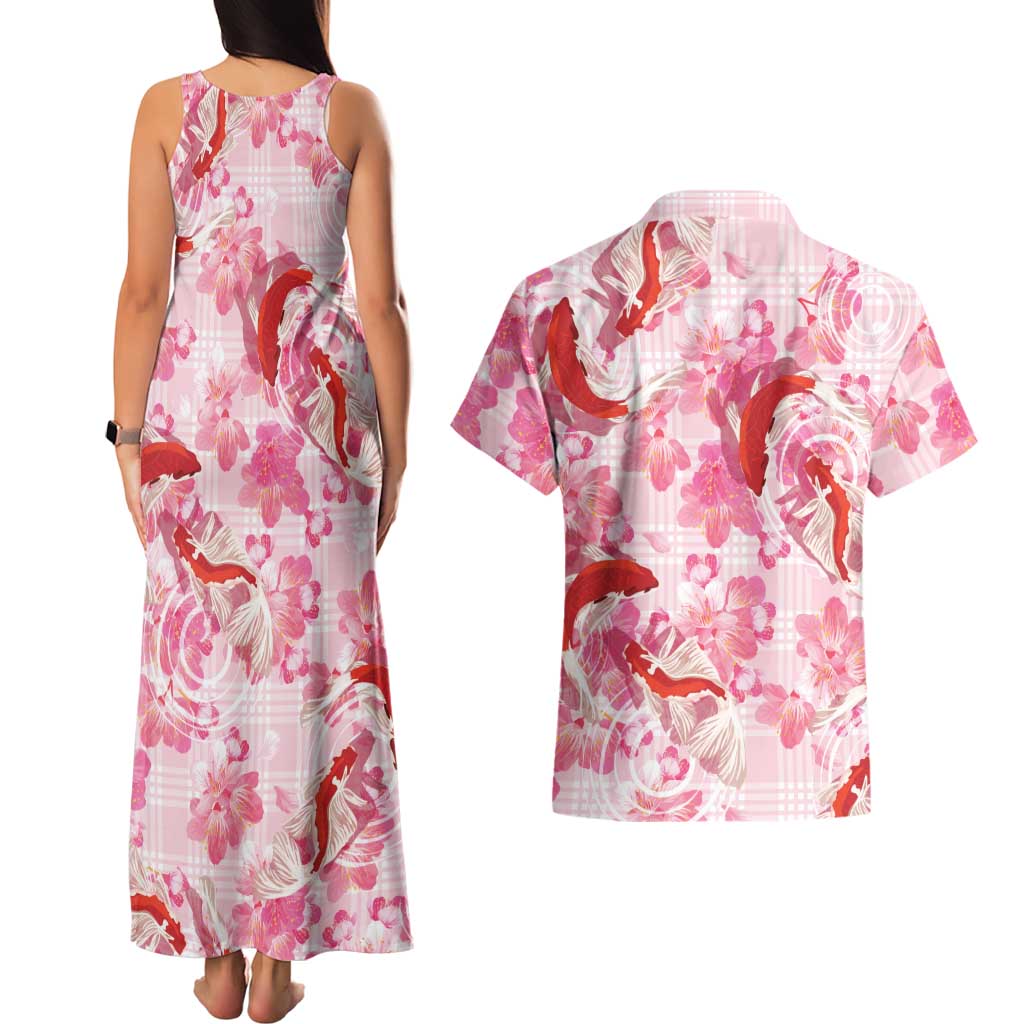 Pink Palaka Hawaii Aloha Couples Matching Tank Maxi Dress and Hawaiian Shirt Koi Pond Mix Sakura - Polynesian Pride