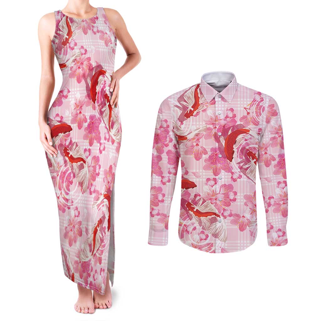 Pink Palaka Hawaii Aloha Couples Matching Tank Maxi Dress and Long Sleeve Button Shirt Koi Pond Mix Sakura LT7 Pink - Polynesian Pride