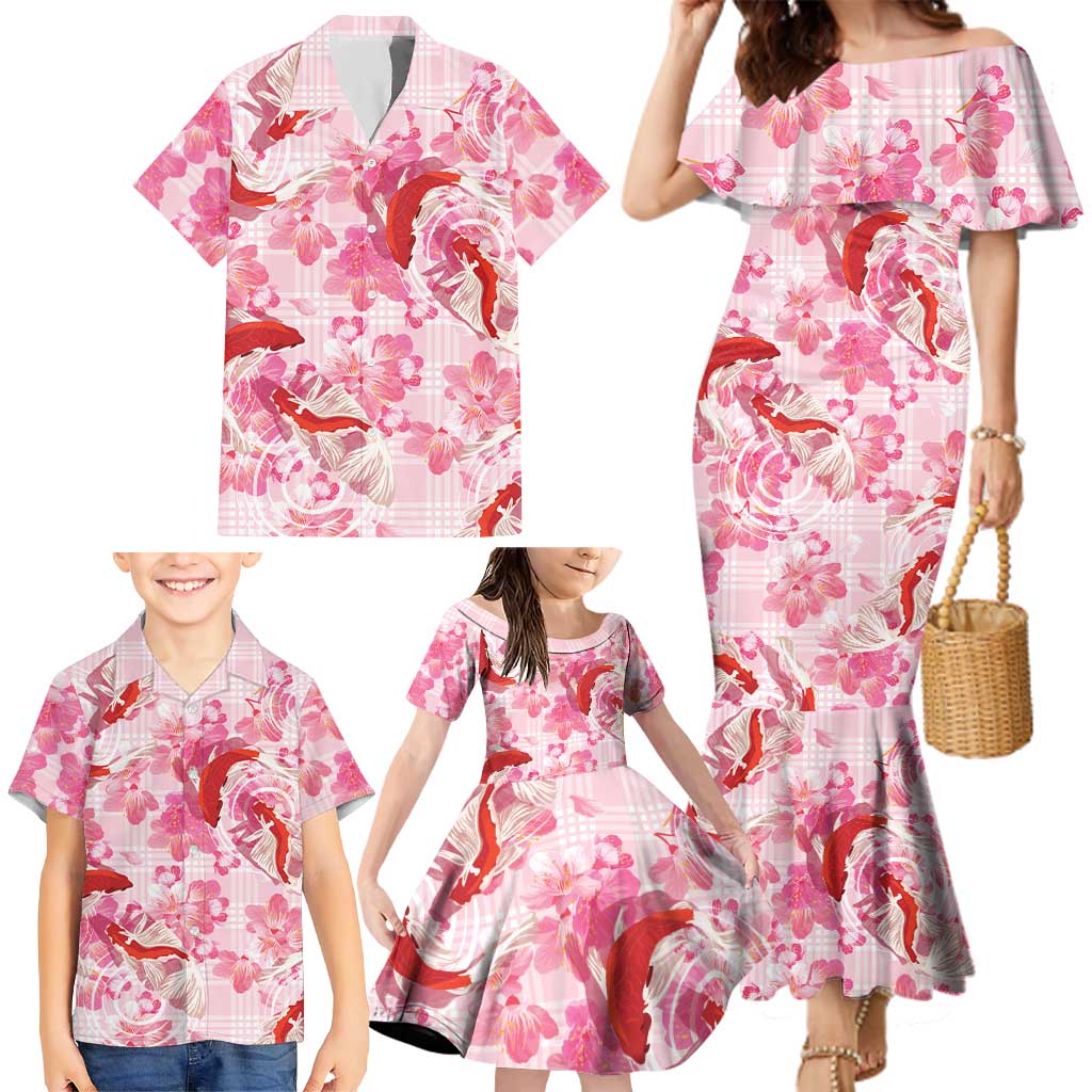 Pink Palaka Hawaii Aloha Family Matching Mermaid Dress and Hawaiian Shirt Koi Pond Mix Sakura LT7 - Polynesian Pride