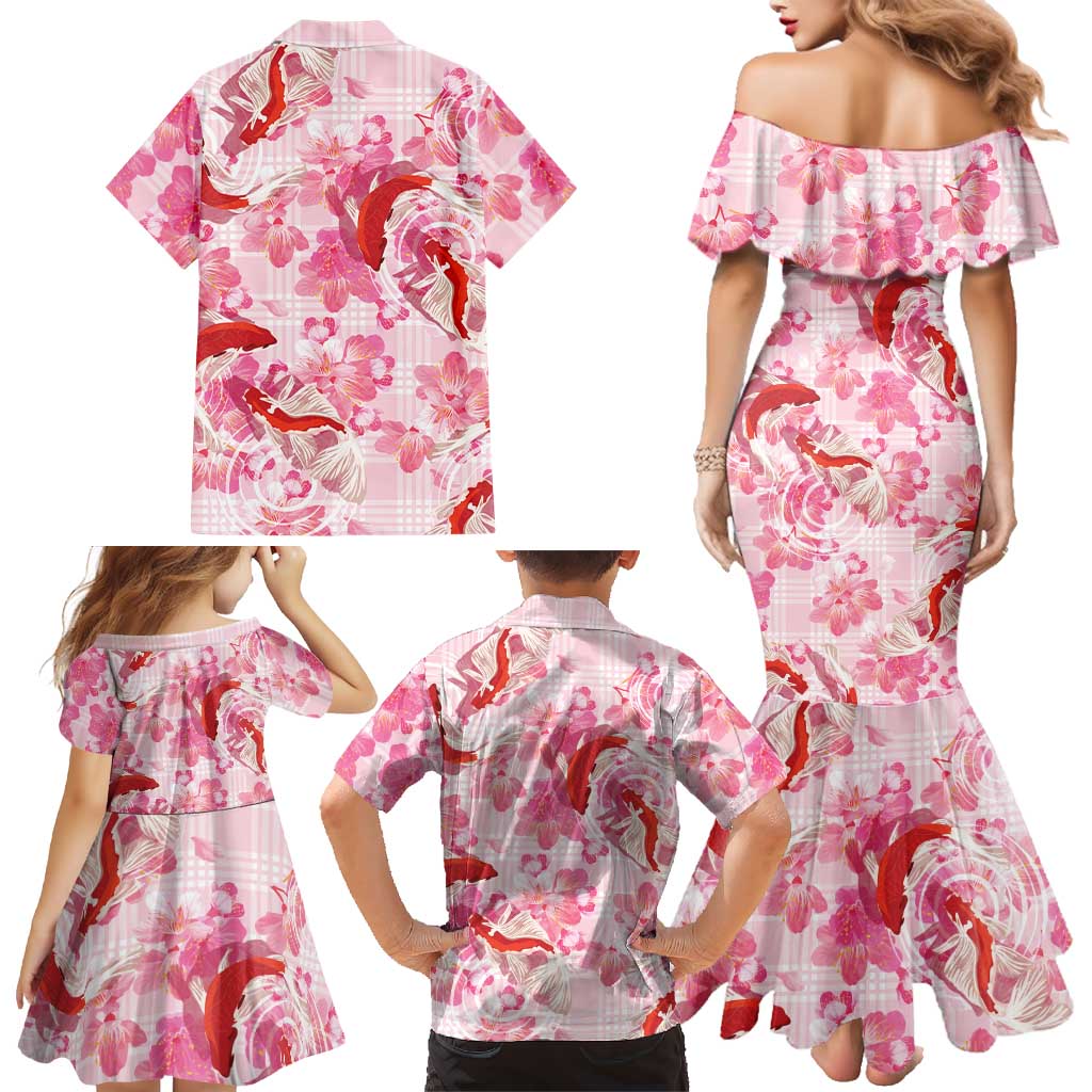 Pink Palaka Hawaii Aloha Family Matching Mermaid Dress and Hawaiian Shirt Koi Pond Mix Sakura LT7 - Polynesian Pride