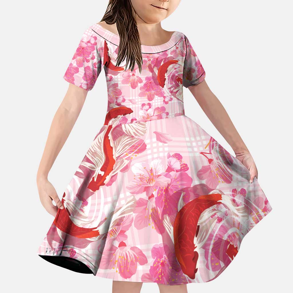 Pink Palaka Hawaii Aloha Family Matching Off The Shoulder Long Sleeve Dress and Hawaiian Shirt Koi Pond Mix Sakura LT7 Daughter's Dress Pink - Polynesian Pride