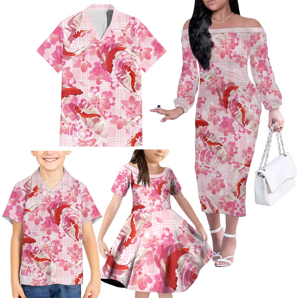 Pink Palaka Hawaii Aloha Family Matching Off The Shoulder Long Sleeve Dress and Hawaiian Shirt Koi Pond Mix Sakura LT7 - Polynesian Pride