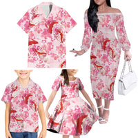 Pink Palaka Hawaii Aloha Family Matching Off The Shoulder Long Sleeve Dress and Hawaiian Shirt Koi Pond Mix Sakura LT7 - Polynesian Pride