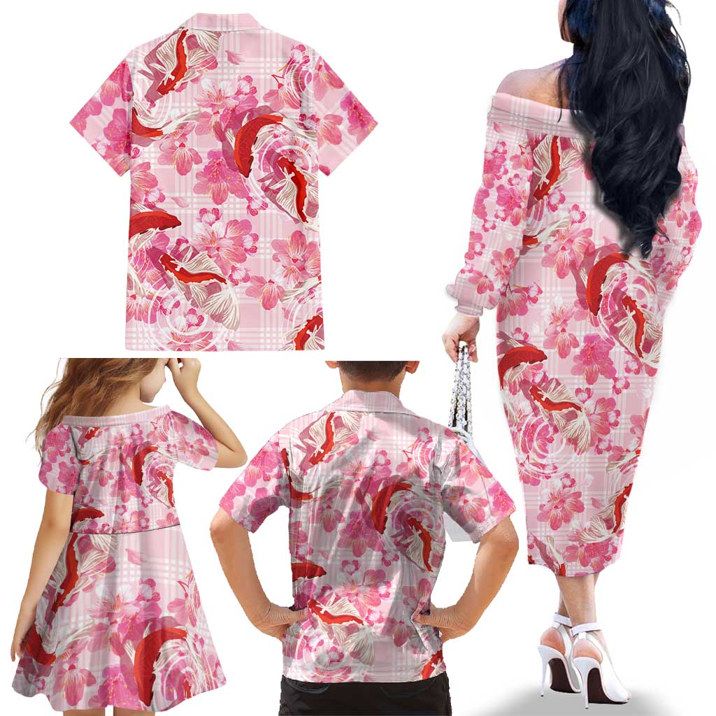 Pink Palaka Hawaii Aloha Family Matching Off The Shoulder Long Sleeve Dress and Hawaiian Shirt Koi Pond Mix Sakura LT7 - Polynesian Pride