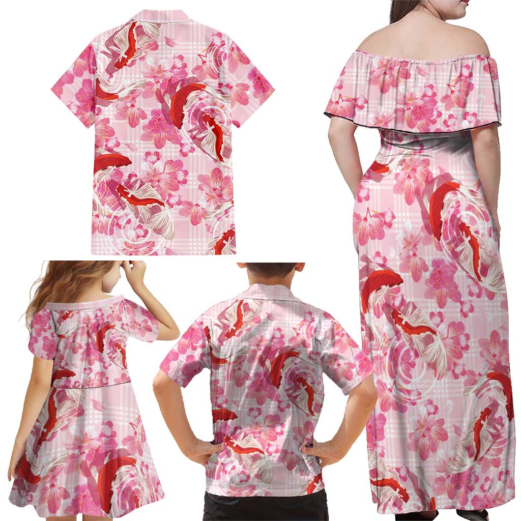 Pink Palaka Hawaii Aloha Family Matching Off Shoulder Maxi Dress and Hawaiian Shirt Koi Pond Mix Sakura LT7 - Polynesian Pride