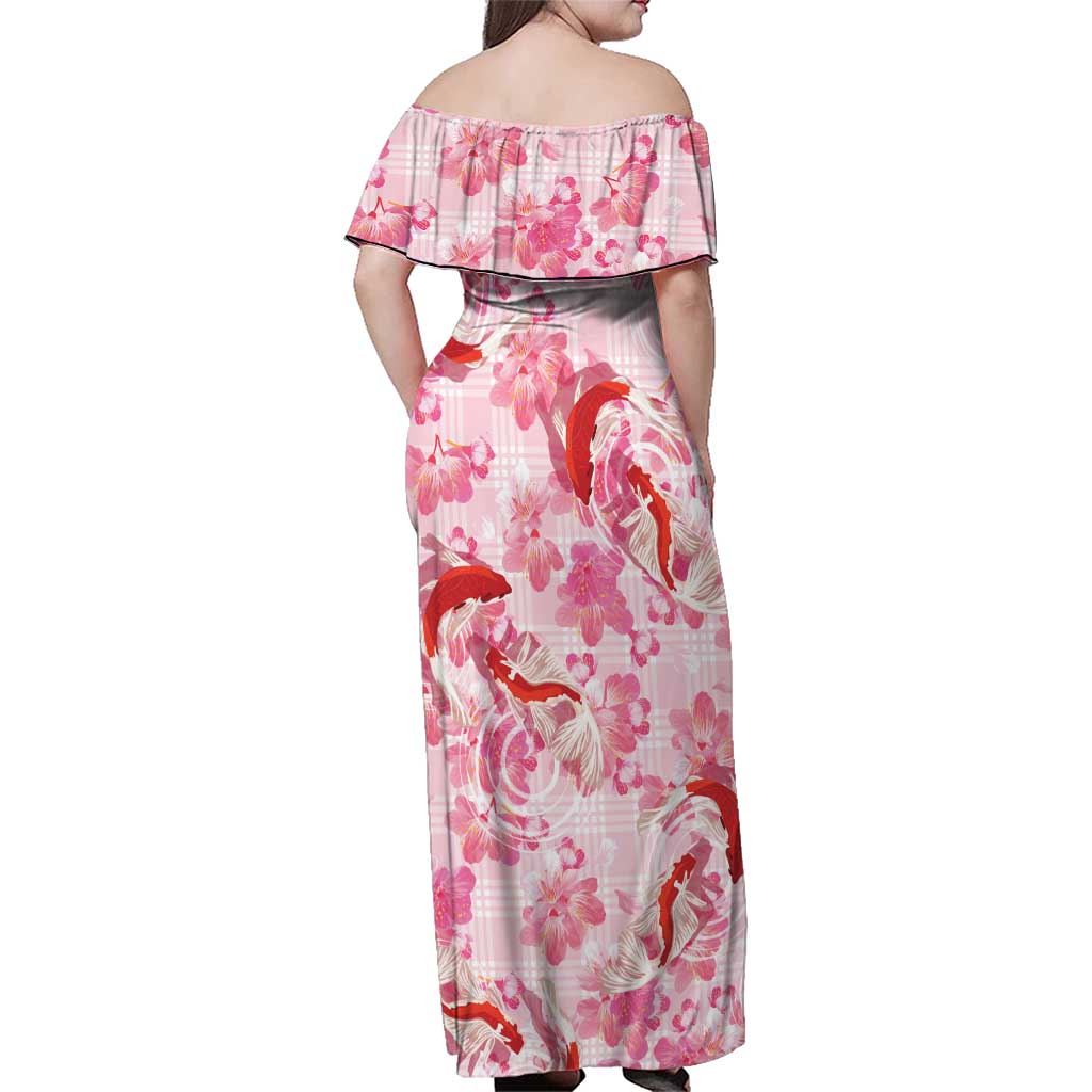 Pink Palaka Hawaii Aloha Family Matching Off Shoulder Maxi Dress and Hawaiian Shirt Koi Pond Mix Sakura LT7 - Polynesian Pride