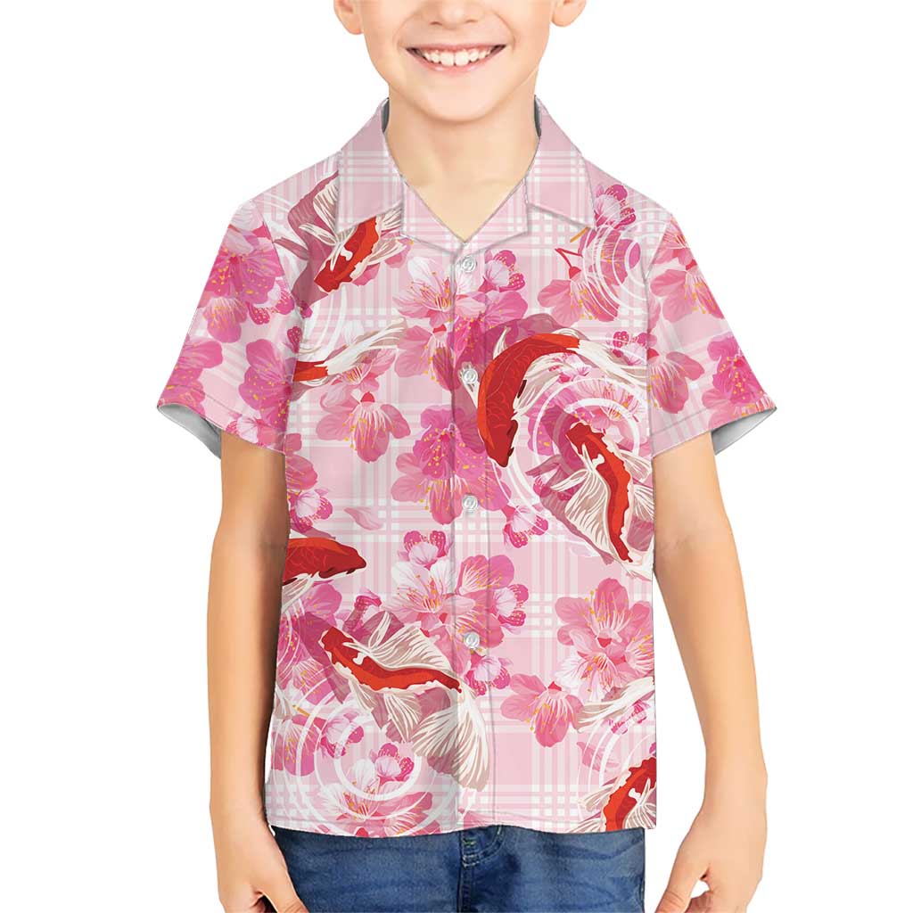 Pink Palaka Hawaii Aloha Family Matching Off Shoulder Short Dress and Hawaiian Shirt Koi Pond Mix Sakura LT7 - Polynesian Pride