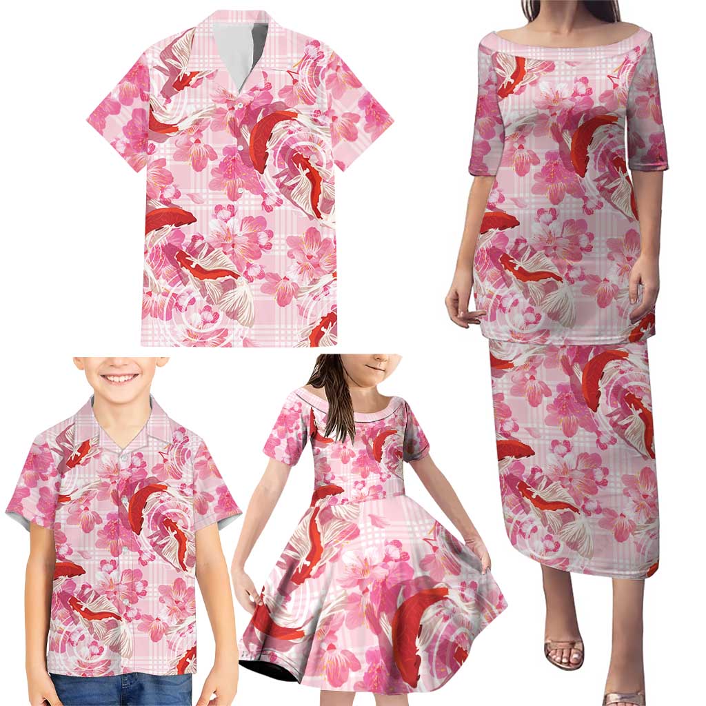 Pink Palaka Hawaii Aloha Family Matching Puletasi and Hawaiian Shirt Koi Pond Mix Sakura LT7 - Polynesian Pride