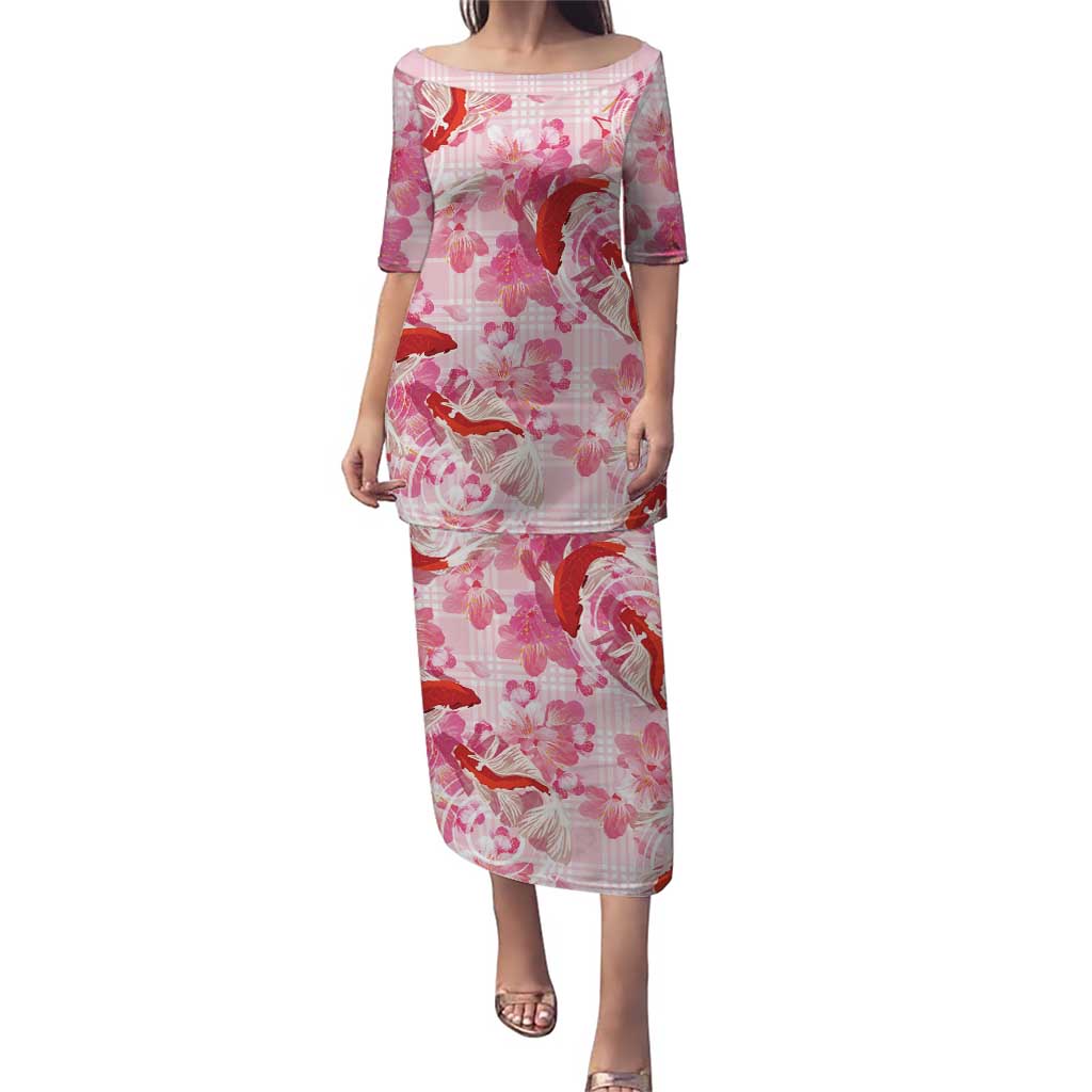Pink Palaka Hawaii Aloha Family Matching Puletasi and Hawaiian Shirt Koi Pond Mix Sakura - Polynesian Pride