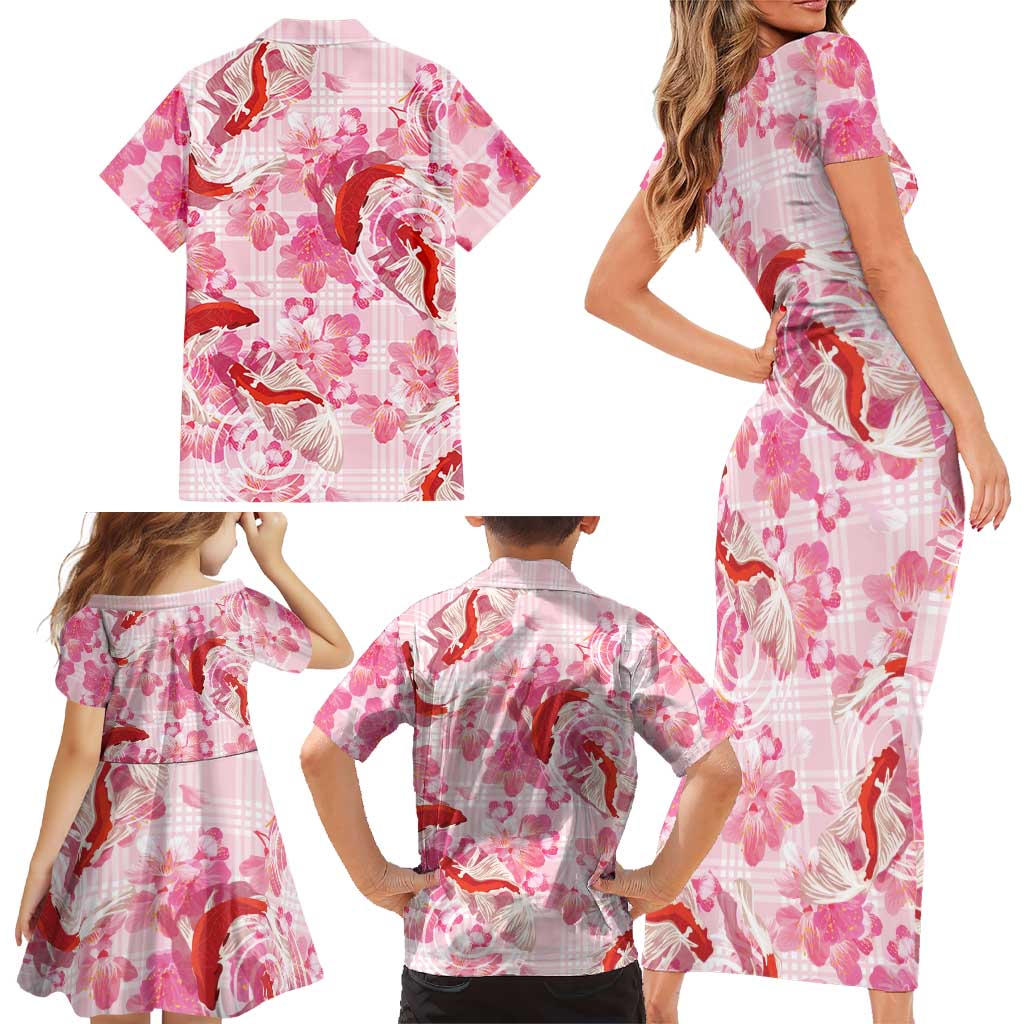 Pink Palaka Hawaii Aloha Family Matching Short Sleeve Bodycon Dress and Hawaiian Shirt Koi Pond Mix Sakura LT7 - Polynesian Pride