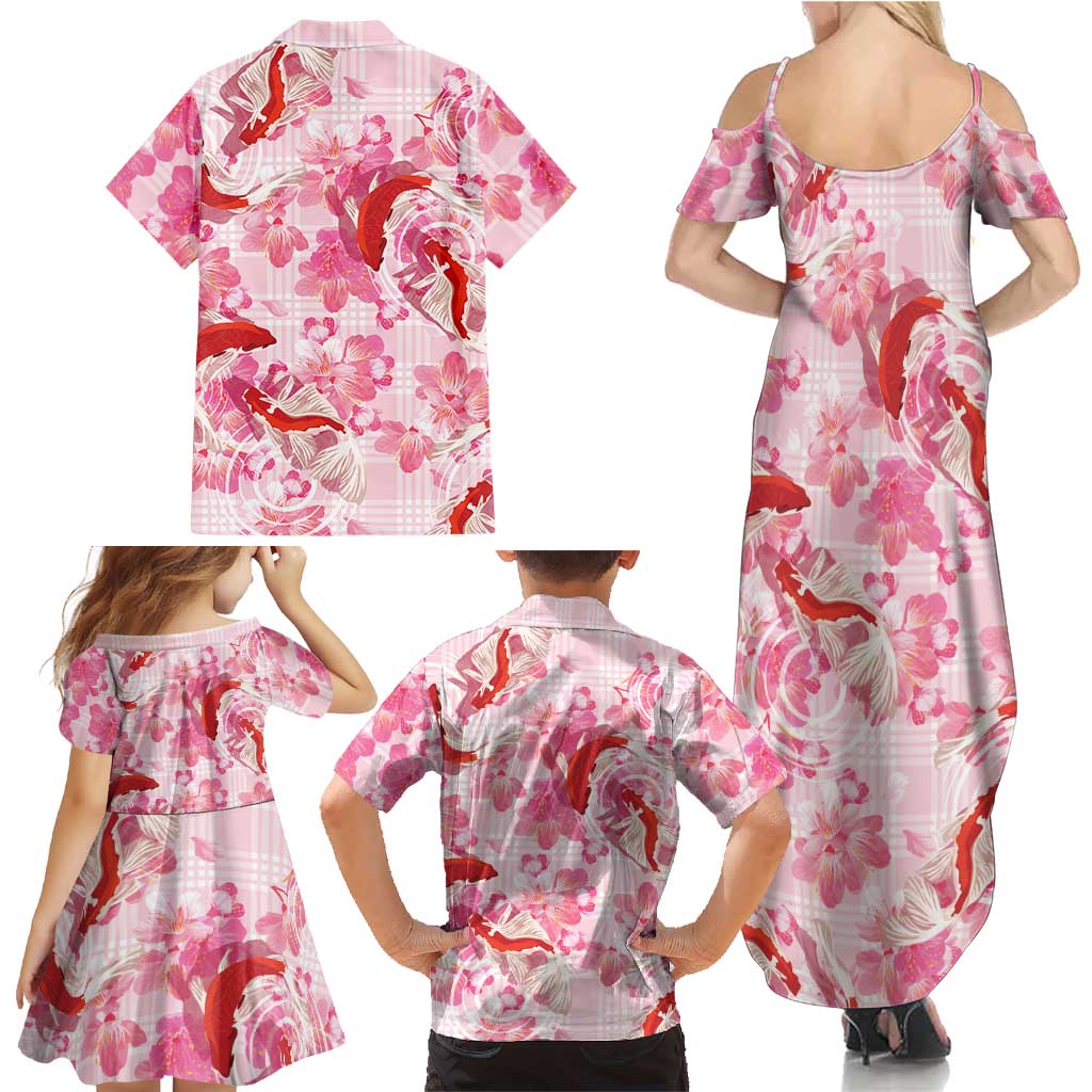 Pink Palaka Hawaii Aloha Family Matching Summer Maxi Dress and Hawaiian Shirt Koi Pond Mix Sakura LT7 - Polynesian Pride